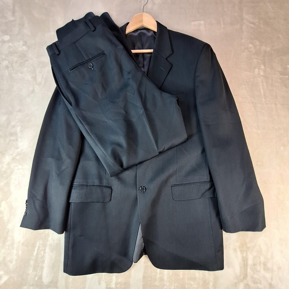 Jones New York Suit Mens 44 35x30 Black Wool 3 Button Ventless 2 Piece USA
